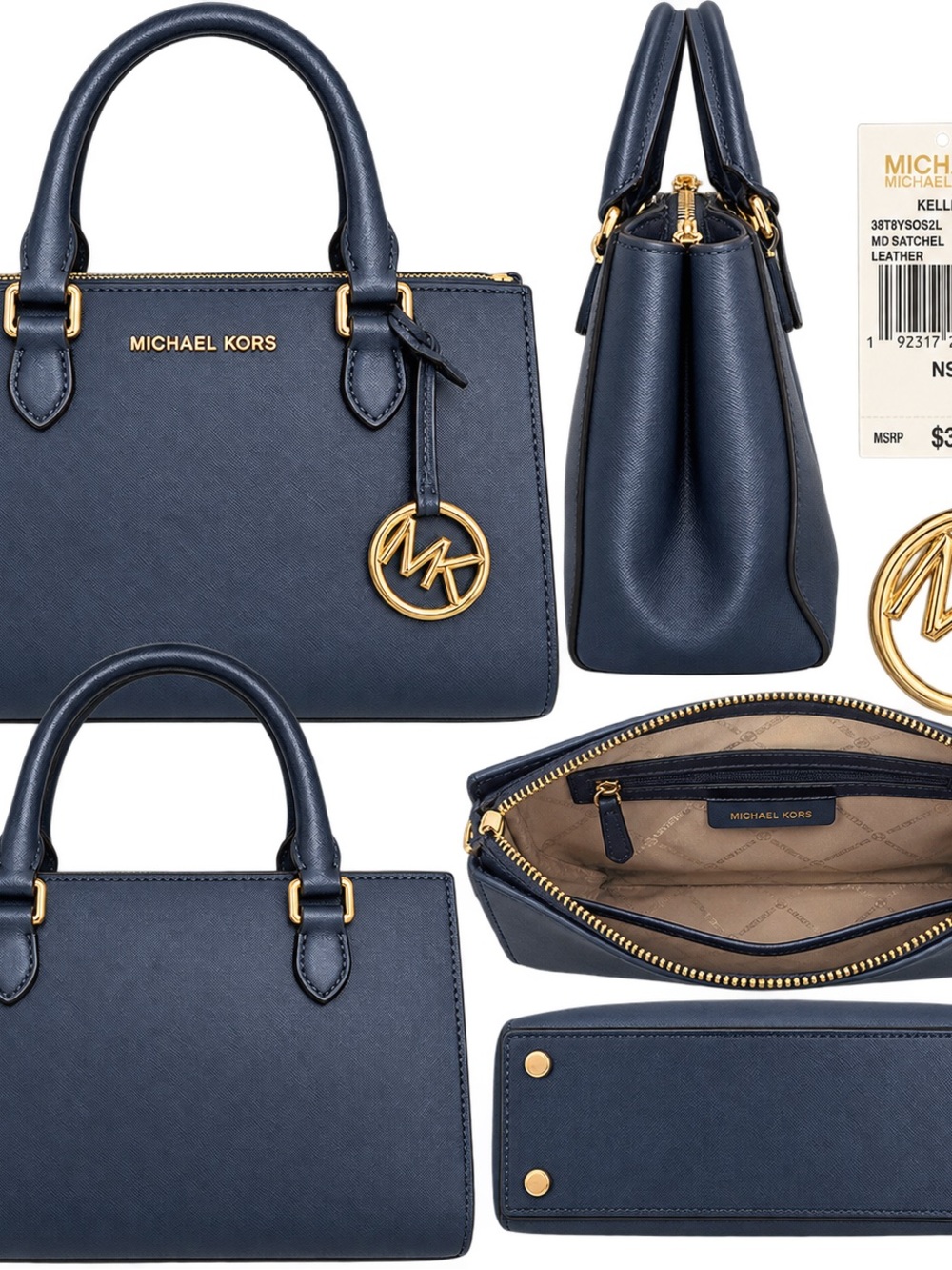 Michael Kors Navy Saffiano Leather Satchel with Gold Hardware